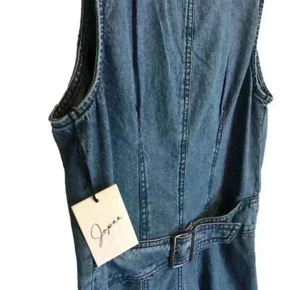 Japna Medium Wash denim button front fitted sleeveless belted dress size small - Picture 3 of 11